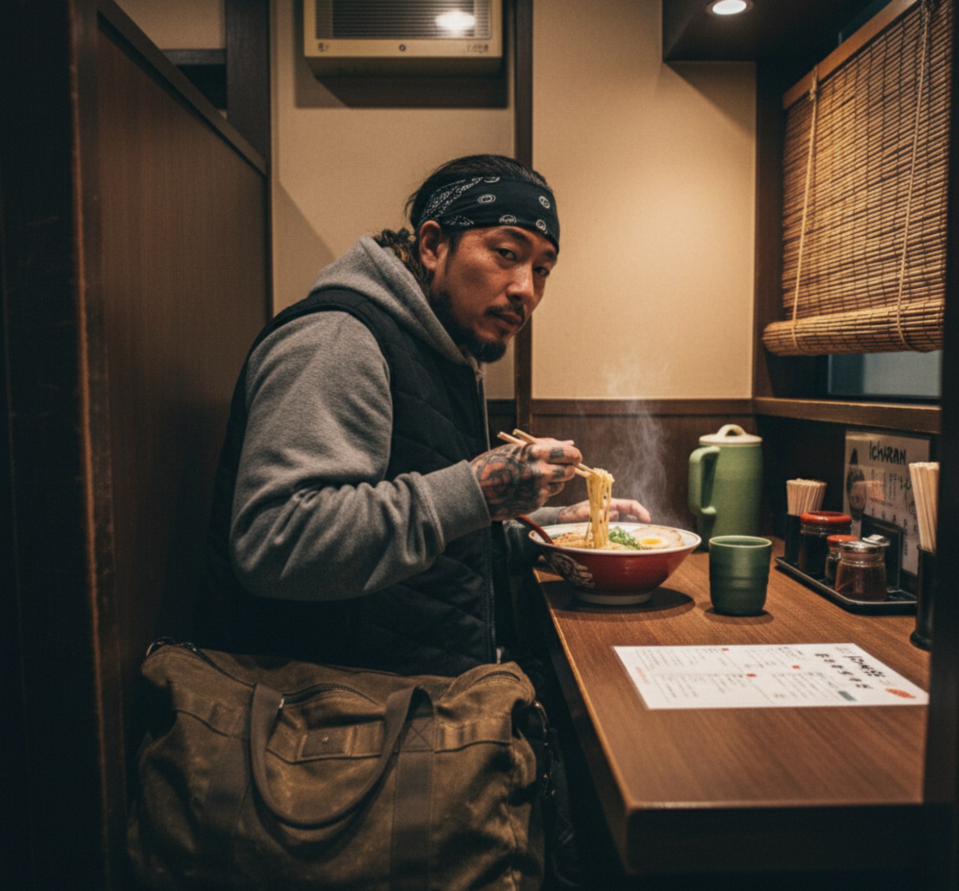 Enjoying ramen while wearing ORORO vest