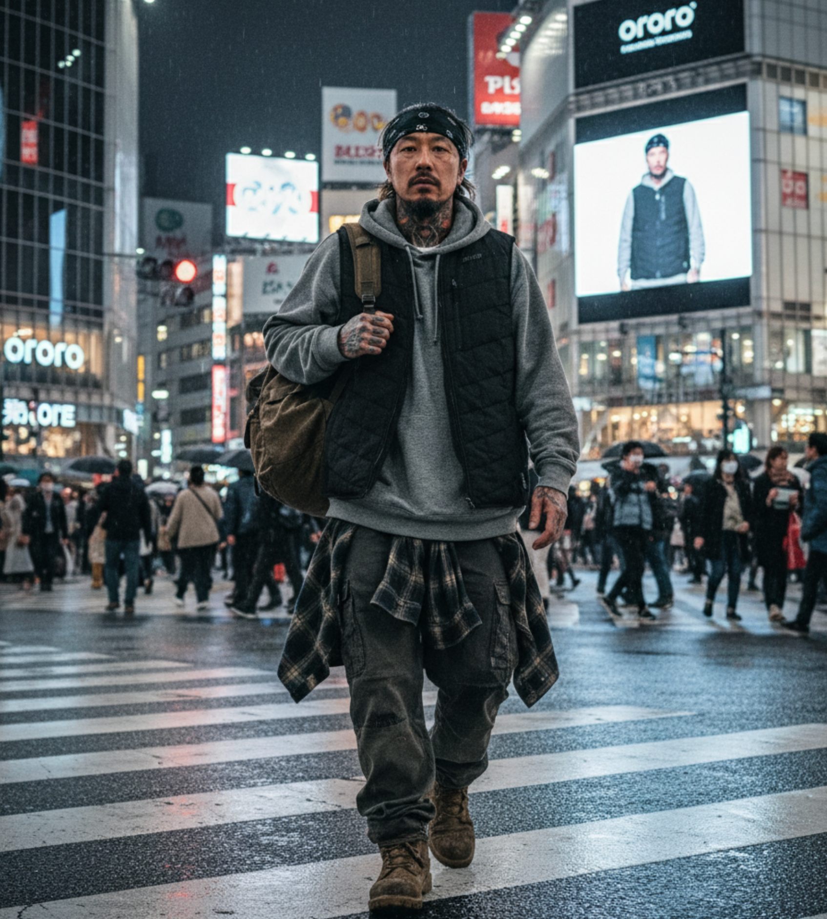 ORORO vest in Shibuya crossing